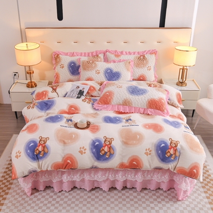 91家纺网 家纺一手货源 找家纺 （总）雅眠居 2025新款直播爆款牛奶绒印花床盖四件套双层蕾丝花边床裙单件三件套