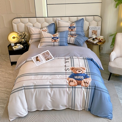 91家纺网 家纺一手货源 找家纺 梧桐树 2025新款100%全棉大版全棉磨毛四件套 皮特熊-蓝