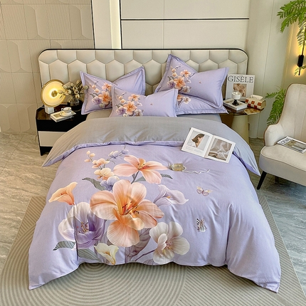 91家纺网 家纺一手货源 找家纺 梧桐树 2025新款100%全棉大版全棉磨毛四件套 花梦-紫