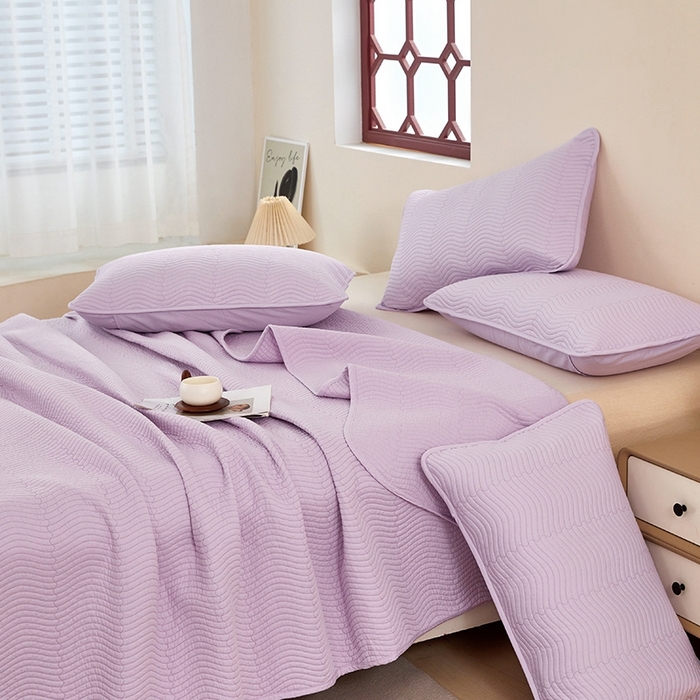 91家纺网 家纺一手货源 找家纺 莎果家纺 2024新款13372双面纯棉高温砂洗纯色床盖可搭配床盖四件套 薰衣草紫