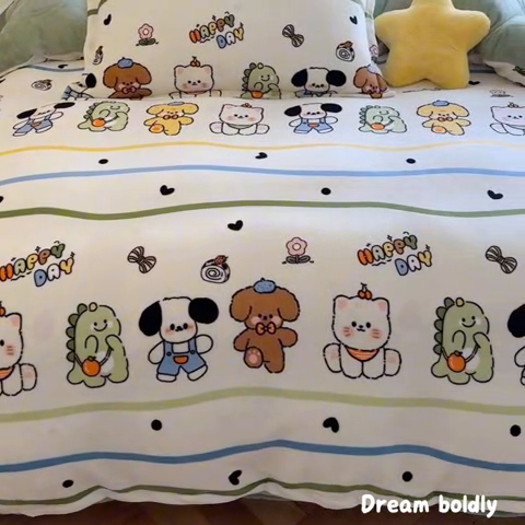 91家纺网 家纺一手货源 找家纺 名兮家居 2024新款卡通时尚风高克重牛奶绒四件套 快乐宝贝