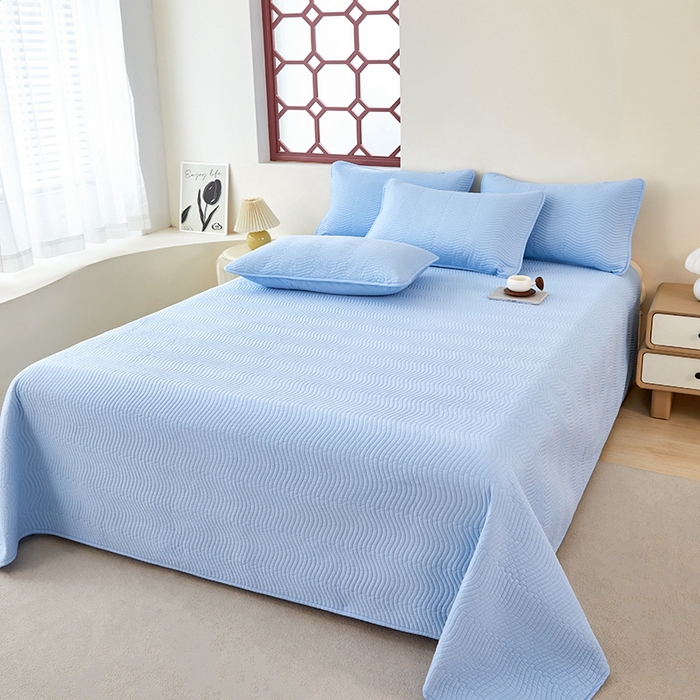 91家纺网 家纺一手货源 找家纺 莎果家纺 2024新款13372双面纯棉高温砂洗纯色床盖可搭配床盖四件套 天蓝