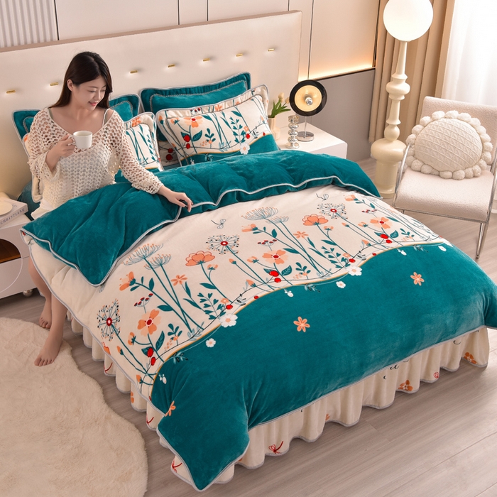 91家纺网 家纺一手货源 找家纺 静缘分 2025新款230克特厚8.5斤牛奶绒金貂绒床裙款保暖四件套-春色满园