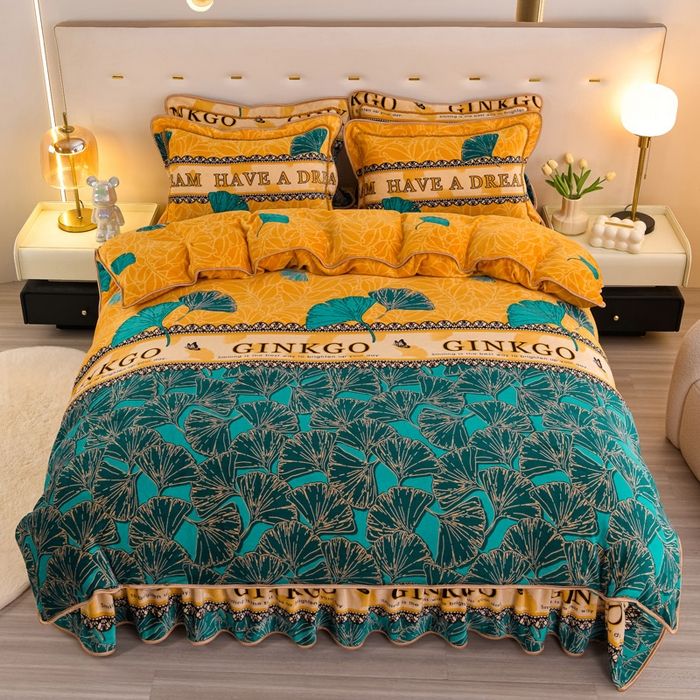 91家纺网 家纺一手货源 找家纺 静缘分 2025新款230克特厚8.5斤牛奶绒金貂绒床裙款保暖四件套-银杏满地