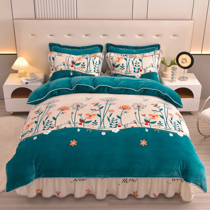 91家纺网 家纺一手货源 找家纺 静缘分 2025新款230克特厚8.5斤牛奶绒金貂绒床裙款保暖四件套-春色满园