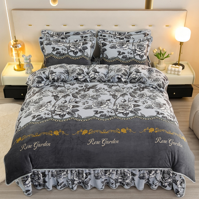 91家纺网 家纺一手货源 找家纺 静缘分 2025新款230克特厚8.5斤牛奶绒金貂绒床裙款保暖四件套-玫瑰花语