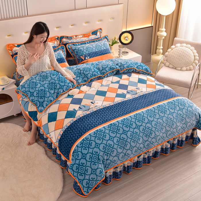 91家纺网 家纺一手货源 找家纺 静缘分 2025新款230克特厚8.5斤牛奶绒金貂绒床裙款保暖四件套-简约格调