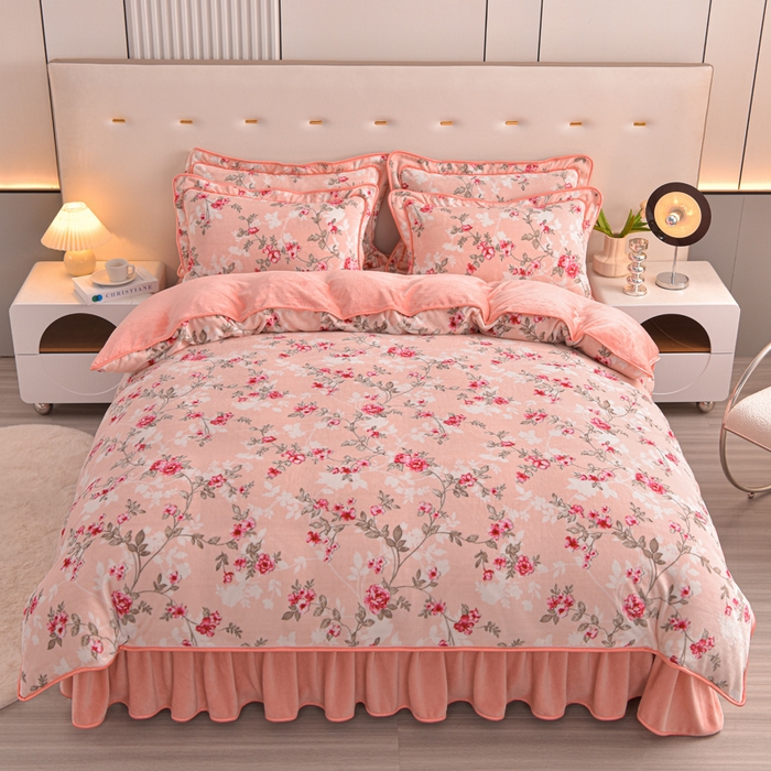 91家纺网 家纺一手货源 找家纺 静缘分 2025新款230克特厚8.5斤牛奶绒金貂绒床裙款保暖四件套-百花齐放