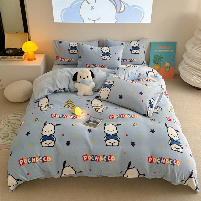 91家纺网 家纺一手货源 找家纺 2024新款三丽鸥高克重牛奶绒四件套 活力帕恰狗