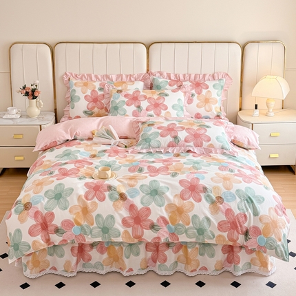 91家纺网 家纺一手货源 找家纺 （总）爱妮玖玖家纺 2024新款小蕾丝系列全棉单层床裙配双针被套四件套