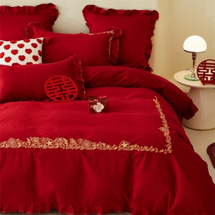 91家纺网 家纺一手货源 找家纺 （总）云胡 2024新款50s双股新疆长绒棉宽边刺绣婚庆四件套-锦绣