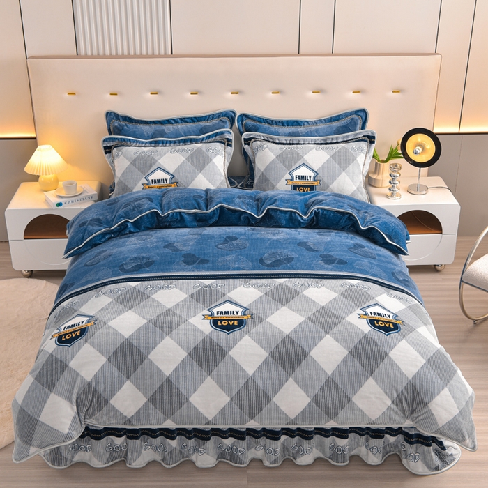 91家纺网 家纺一手货源 找家纺 静缘分 2025新款230克特厚8.5斤牛奶绒金貂绒床裙款保暖四件套-落叶纷飞