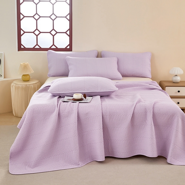 91家纺网 家纺一手货源 找家纺 莎果家纺 2024新款13372双面纯棉高温砂洗纯色床盖可搭配床盖四件套 薰衣草紫