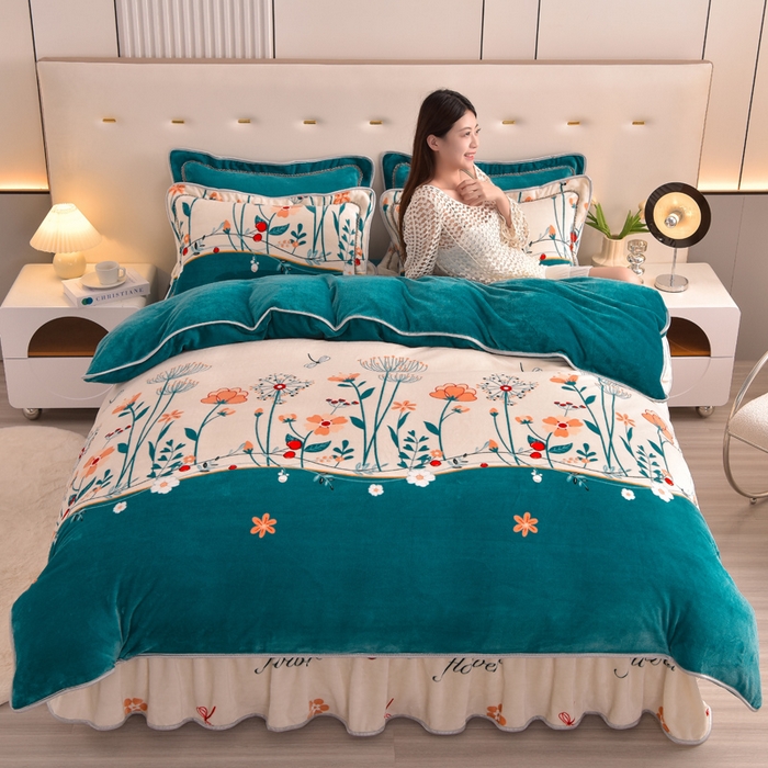 91家纺网 家纺一手货源 找家纺 静缘分 2025新款230克特厚8.5斤牛奶绒金貂绒床裙款保暖四件套-春色满园