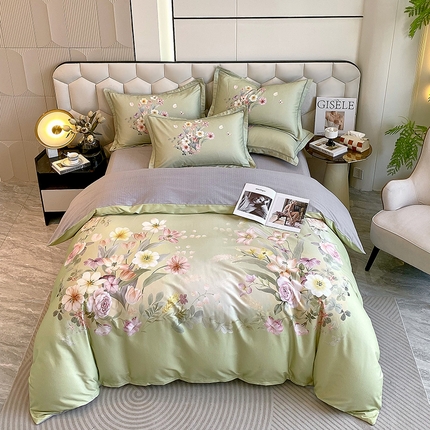 91家纺网 家纺一手货源 找家纺 梧桐树 2025新款100%全棉大版全棉磨毛四件套 田苑花间-绿