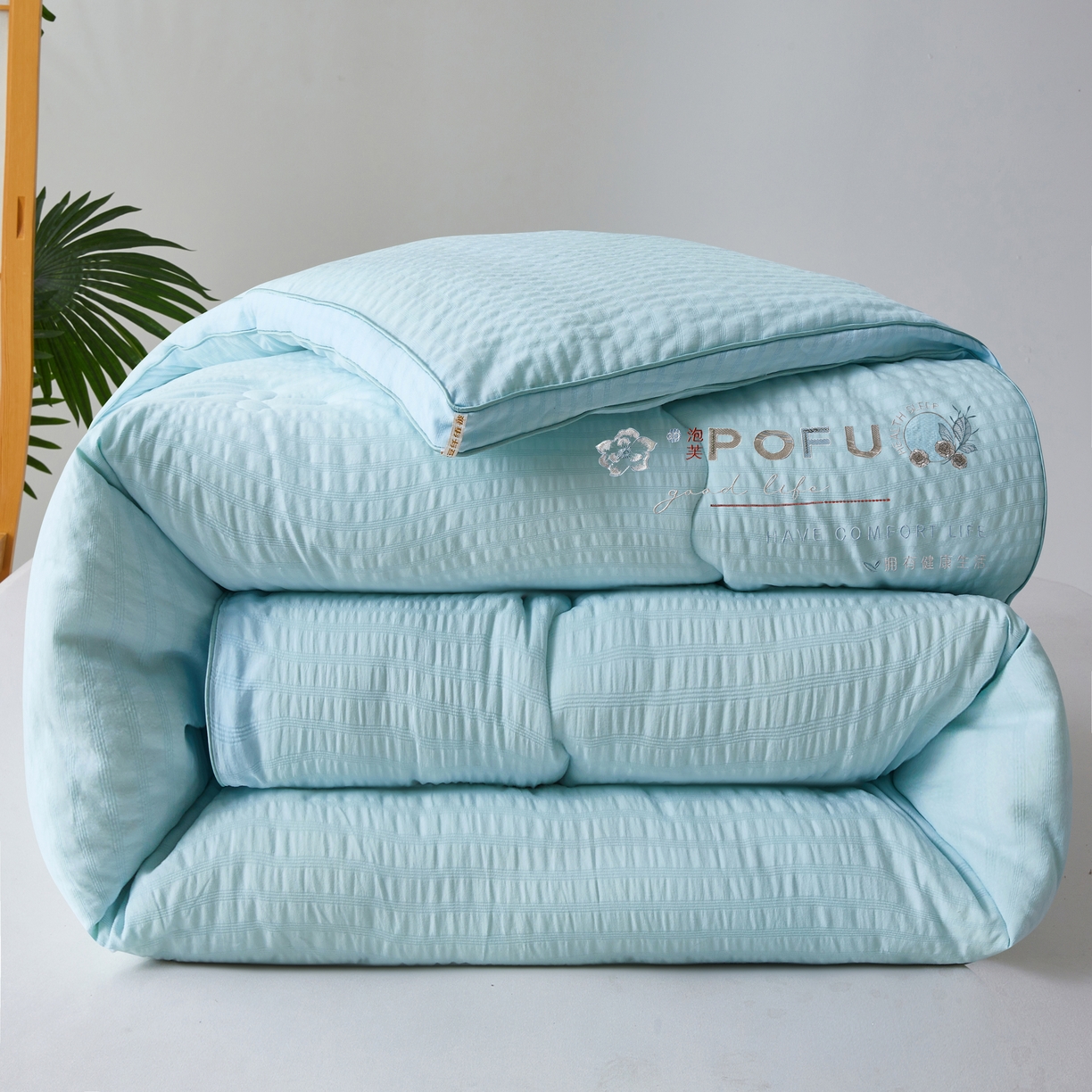 91家纺网 家纺一手货源 找家纺 爱宝被业 2025新款泡芙棉刺绣被被 泡芙棉-天空蓝