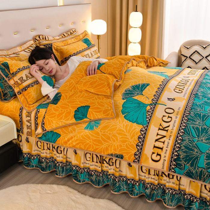 91家纺网 家纺一手货源 找家纺 静缘分 2025新款230克特厚8.5斤牛奶绒金貂绒床裙款保暖四件套-银杏满地