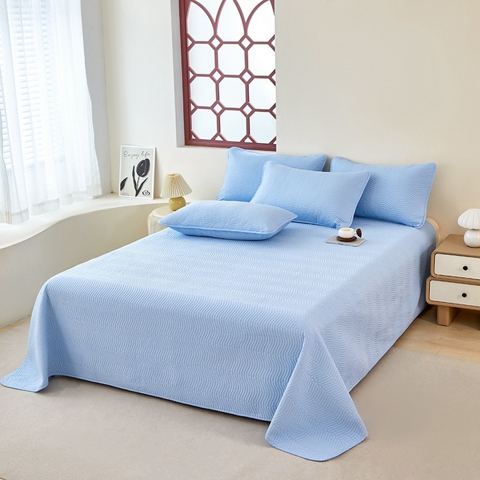 91家纺网 家纺一手货源 找家纺 莎果家纺 2024新款13372双面纯棉高温砂洗纯色床盖可搭配床盖四件套 天蓝