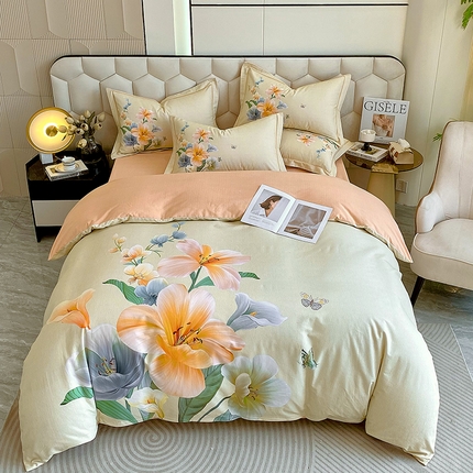 91家纺网 家纺一手货源 找家纺 梧桐树 2025新款100%全棉大版全棉磨毛四件套 花梦-绿