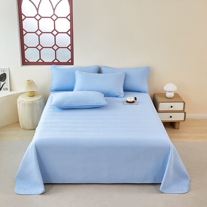 91家纺网 家纺一手货源 找家纺 莎果家纺 2024新款13372双面纯棉高温砂洗纯色床盖可搭配床盖四件套 天蓝