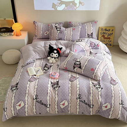 91家纺网 家纺一手货源 找家纺 2024新款三丽鸥高克重牛奶绒四件套 安睡库洛米