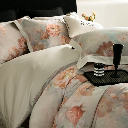 91家纺网 家纺一手货源 找家纺 （总）馨蕊家居 2024新款100S澳棉高奢简约活性数码印花拼接四件套-汐颜