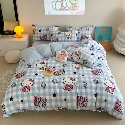 91家纺网 家纺一手货源 找家纺 2024新款三丽鸥高克重牛奶绒四件套 幸运星KT猫