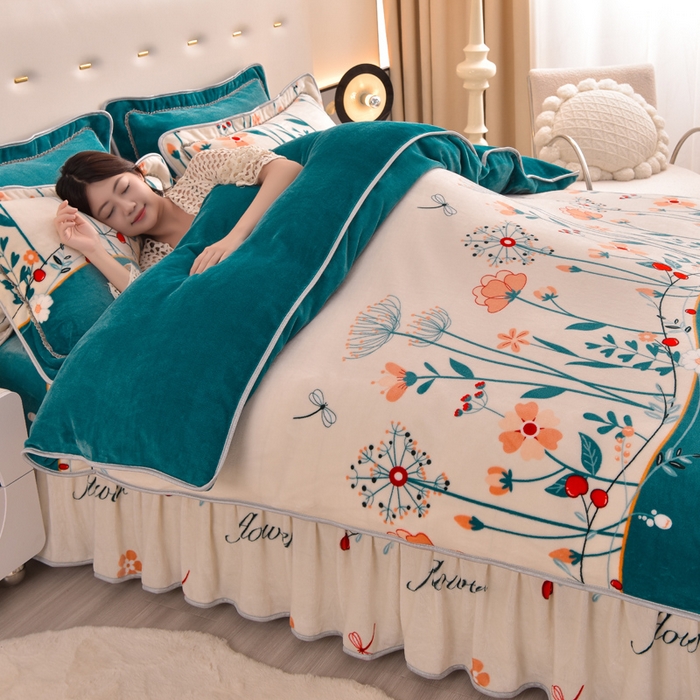 91家纺网 家纺一手货源 找家纺 静缘分 2025新款230克特厚8.5斤牛奶绒金貂绒床裙款保暖四件套-春色满园