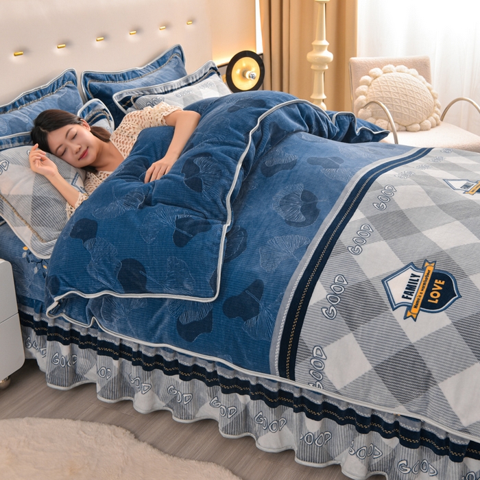 91家纺网 家纺一手货源 找家纺 静缘分 2025新款230克特厚8.5斤牛奶绒金貂绒床裙款保暖四件套-落叶纷飞