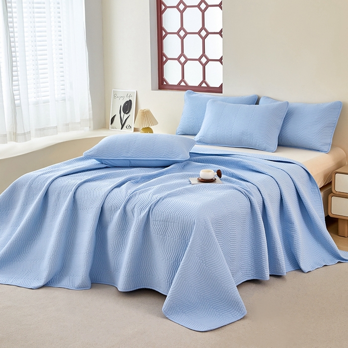 91家纺网 家纺一手货源 找家纺 莎果家纺 2024新款13372双面纯棉高温砂洗纯色床盖可搭配床盖四件套 天蓝