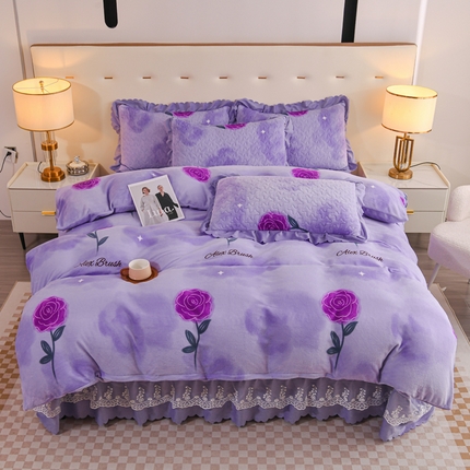 91家纺网 家纺一手货源 找家纺 （总）雅眠居 2025新款直播爆款牛奶绒印花床盖四件套双层蕾丝花边床裙单件三件套