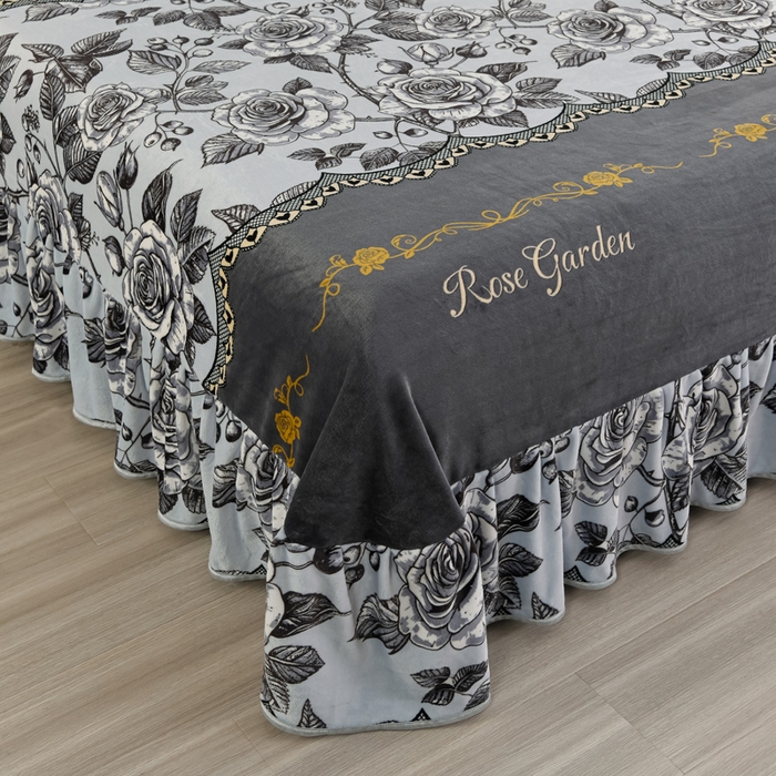 91家纺网 家纺一手货源 找家纺 静缘分 2025新款230克特厚8.5斤牛奶绒金貂绒床裙款保暖四件套-玫瑰花语