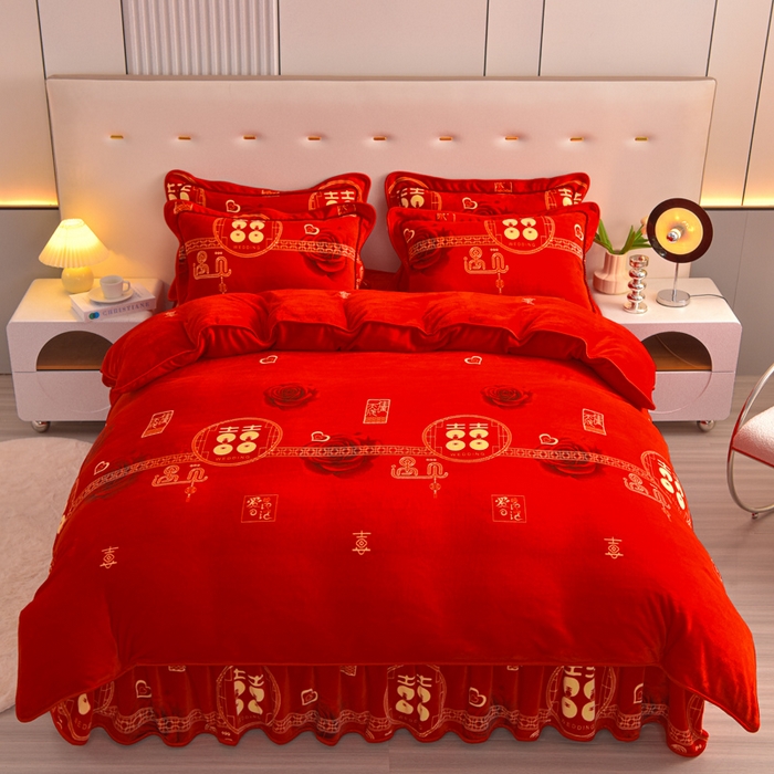 91家纺网 家纺一手货源 找家纺 静缘分 2025新款230克特厚8.5斤牛奶绒金貂绒床裙款保暖四件套-天赐良缘