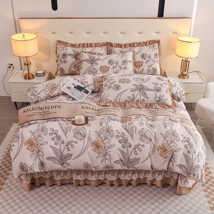 91家纺网 家纺一手货源 找家纺 （总）雅眠居 2025新款直播爆款牛奶绒印花床盖四件套双层蕾丝花边床裙单件三件套