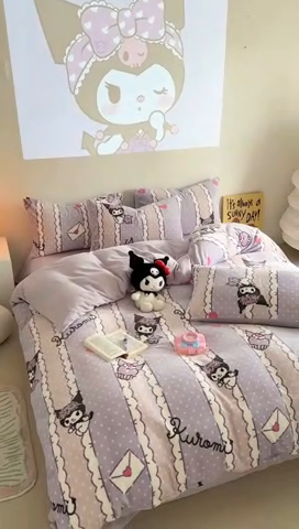 91家纺网 家纺一手货源 找家纺 2024新款三丽鸥高克重牛奶绒四件套 安睡库洛米