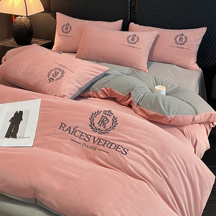 如一 2024新款水晶绒双拼刺绣四件套-劳斯系列 劳斯-浅豆沙