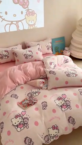 91家纺网 家纺一手货源 找家纺 2024新款三丽鸥高克重牛奶绒四件套 泡泡KT猫