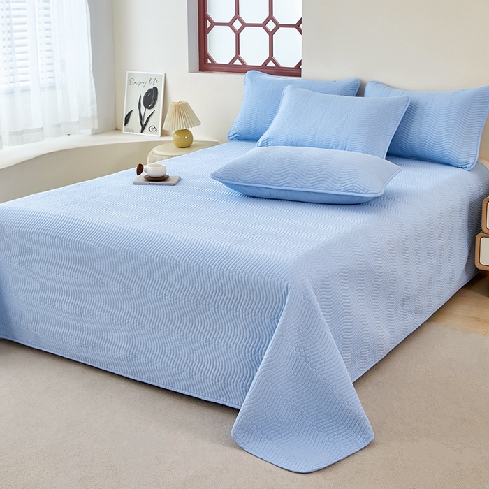 91家纺网 家纺一手货源 找家纺 莎果家纺 2024新款13372双面纯棉高温砂洗纯色床盖可搭配床盖四件套 天蓝