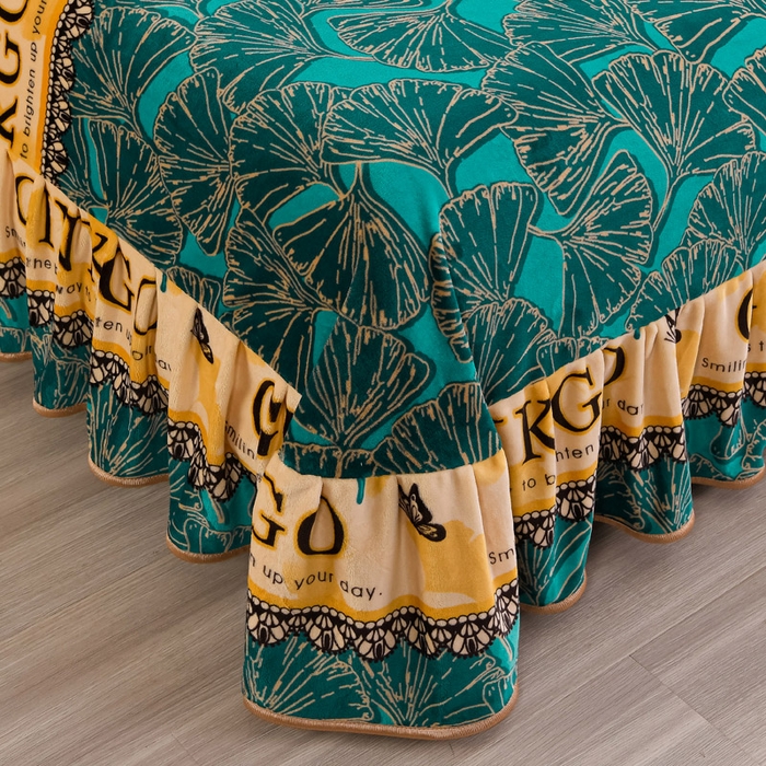 91家纺网 家纺一手货源 找家纺 静缘分 2025新款230克特厚8.5斤牛奶绒金貂绒床裙款保暖四件套-银杏满地