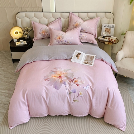 91家纺网 家纺一手货源 找家纺 梧桐树 2025新款100%全棉大版全棉磨毛四件套 出水芙蓉粉