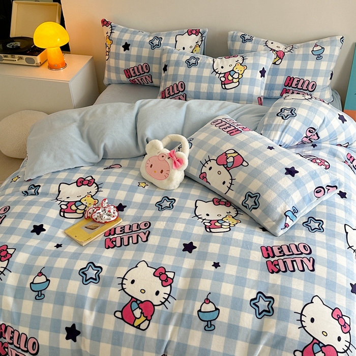 91家纺网 家纺一手货源 找家纺 2024新款三丽鸥高克重牛奶绒四件套 幸运星KT猫