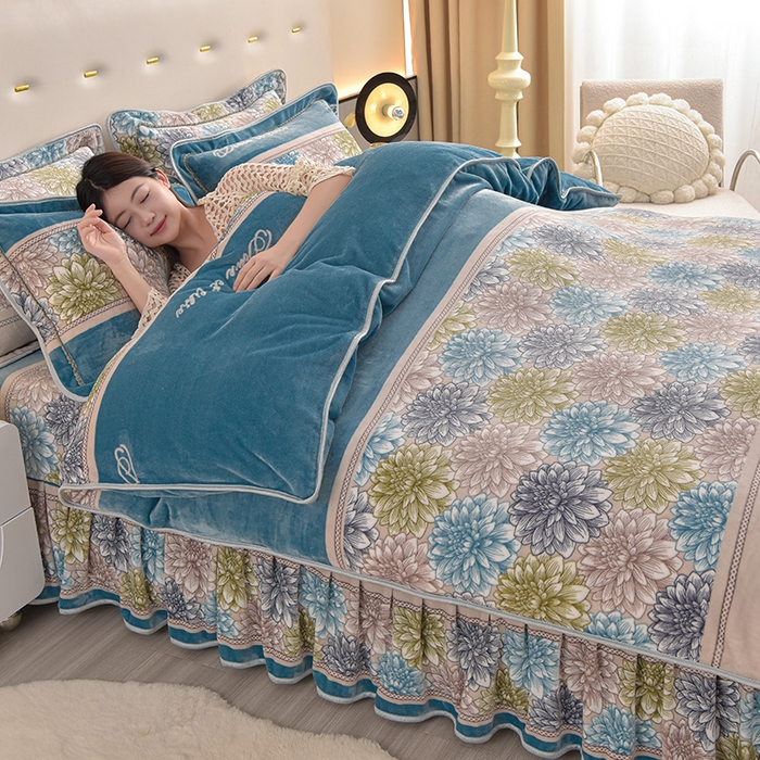 91家纺网 家纺一手货源 找家纺 静缘分 2025新款230克特厚8.5斤牛奶绒金貂绒床裙款保暖四件套-绚丽多彩