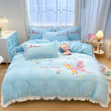 91家纺网 家纺一手货源 找家纺 （总）2024新款高克重加厚保暖牛奶绒毛巾绣四件套-阳光玫瑰