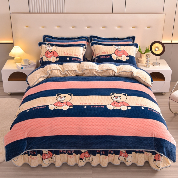 91家纺网 家纺一手货源 找家纺 静缘分 2025新款230克特厚8.5斤牛奶绒金貂绒床裙款保暖四件套-宝贝熊