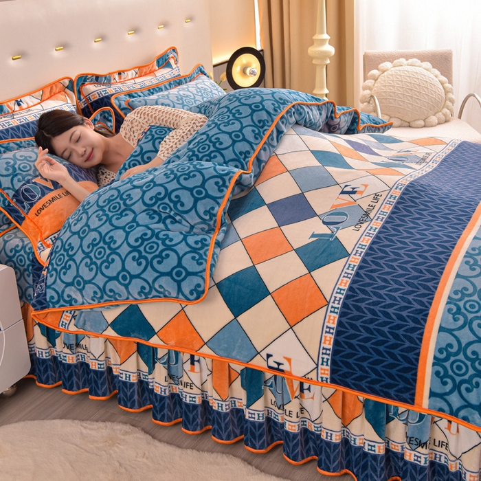 91家纺网 家纺一手货源 找家纺 静缘分 2025新款230克特厚8.5斤牛奶绒金貂绒床裙款保暖四件套-简约格调