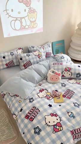 91家纺网 家纺一手货源 找家纺 2024新款三丽鸥高克重牛奶绒四件套 幸运星KT猫