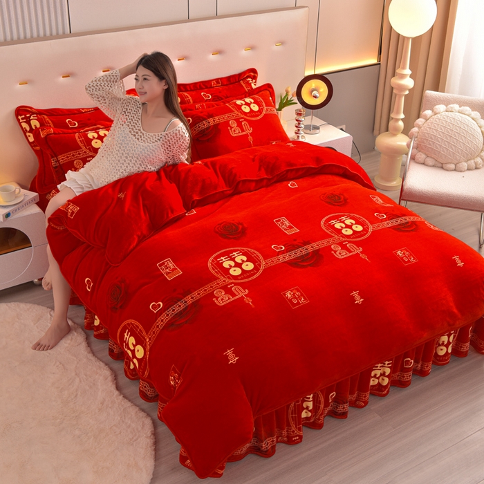 91家纺网 家纺一手货源 找家纺 静缘分 2025新款230克特厚8.5斤牛奶绒金貂绒床裙款保暖四件套-天赐良缘