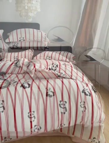 91家纺网 家纺一手货源 找家纺 千朵森 2024新款网红印花熊猫牛奶绒四件套  风格二 西雅图