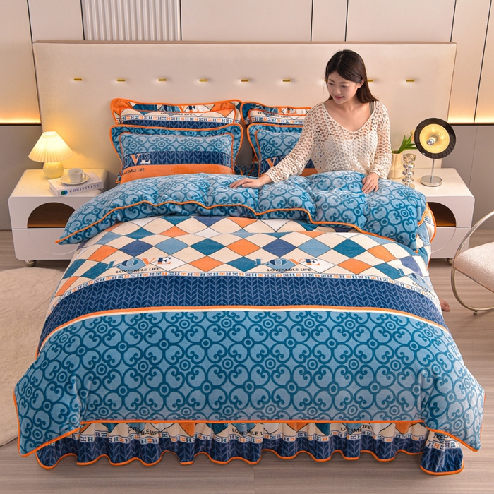 91家纺网 家纺一手货源 找家纺 静缘分 2025新款230克特厚8.5斤牛奶绒金貂绒床裙款保暖四件套-简约格调