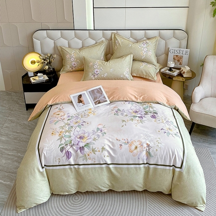 91家纺网 家纺一手货源 找家纺 梧桐树 2025新款100%全棉大版全棉磨毛四件套 妙语花生-绿